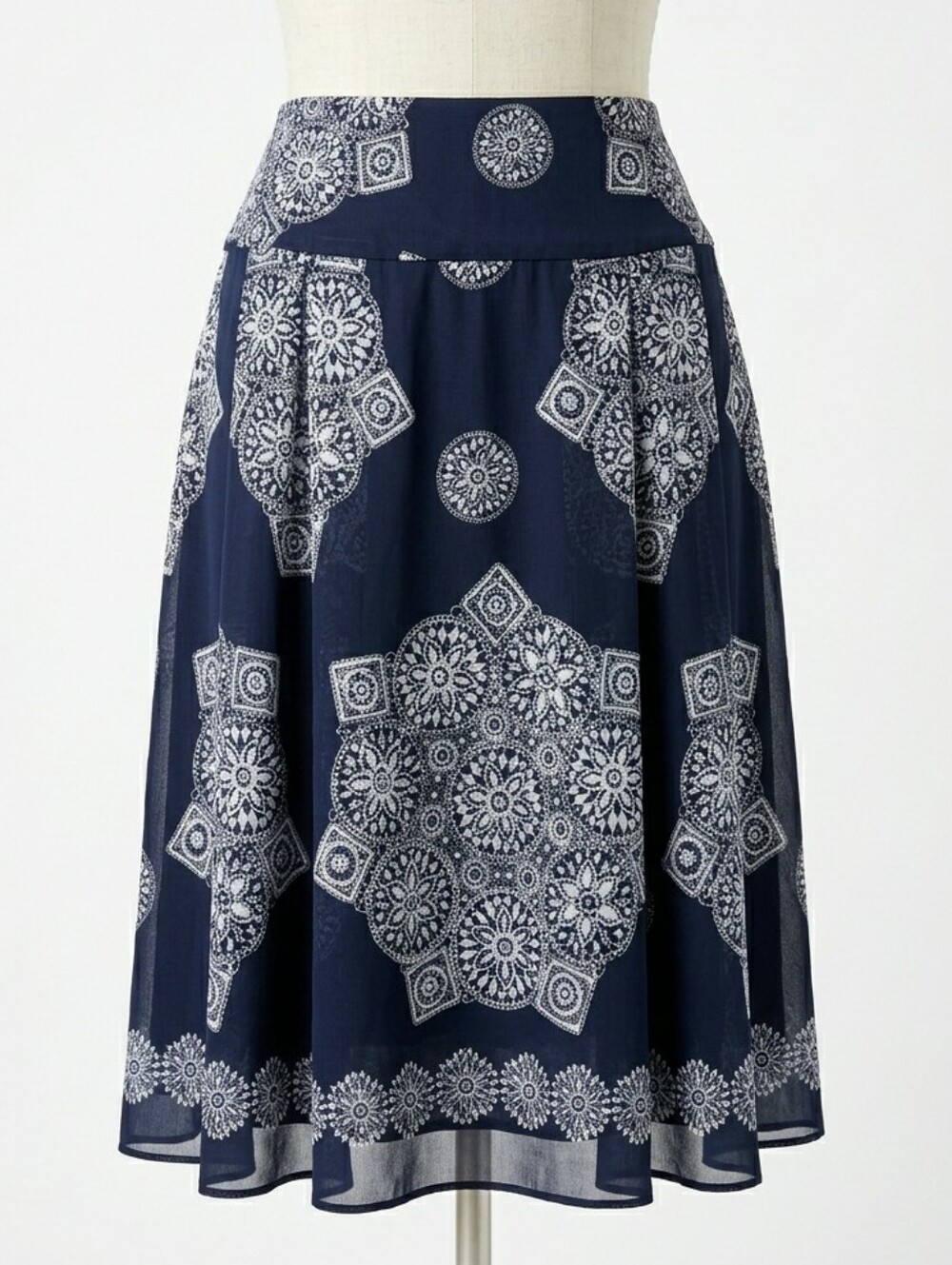 Vintage Navy Blue Mandala Print Flowy Pleated Skirt M/L